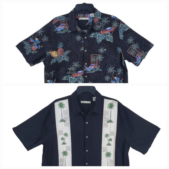 Batik Bay Hawaiian Shirt Mens XL Black Blue Palm Trees Ohekapala Button Lot Of 2 - Picture 1 of 11